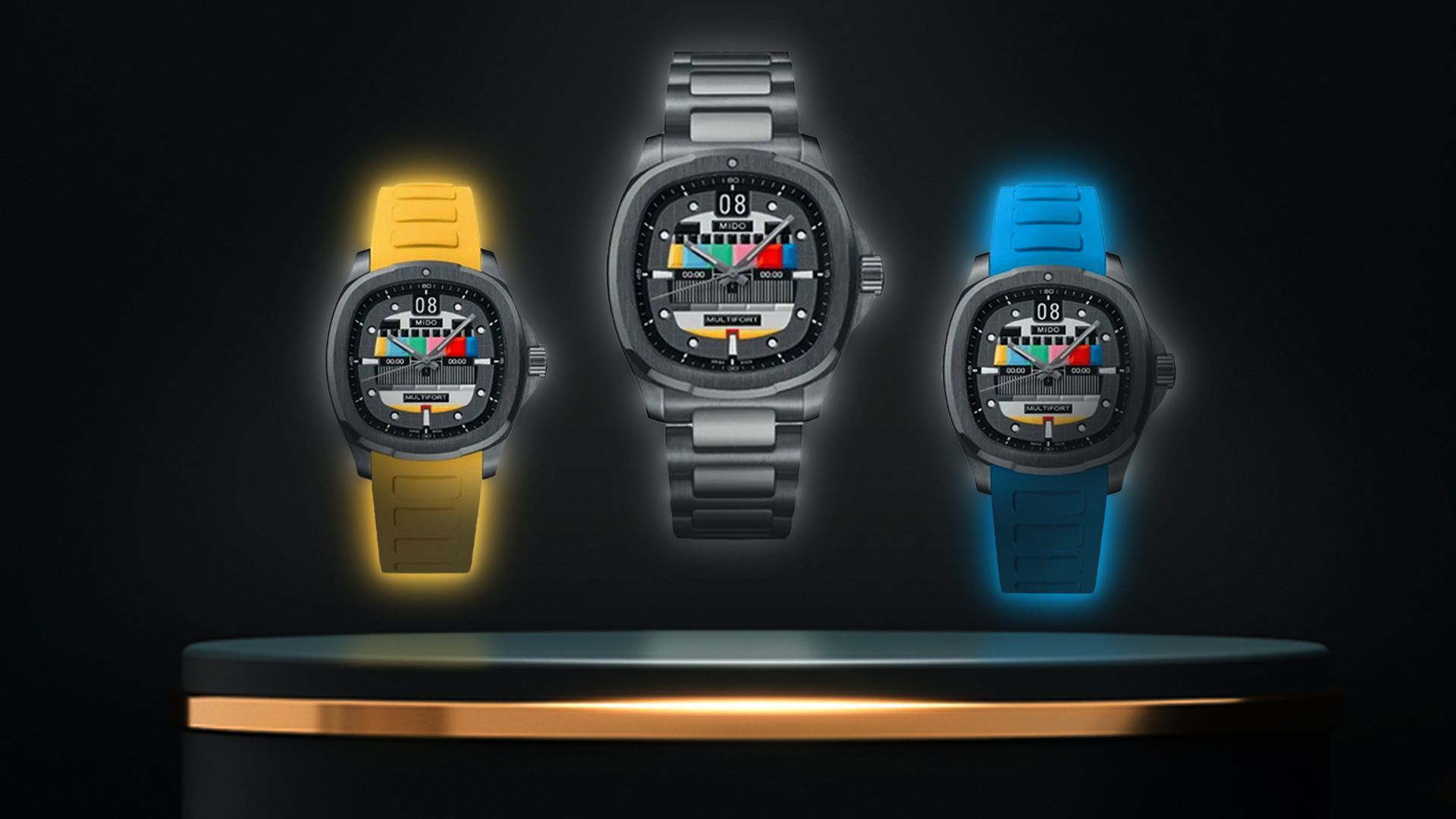 tre orologi colorati su sfondo nero